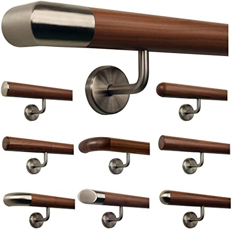 Corrimano pronto per il montaggio in legno di noce americano laccato, Ø 42 mm, con supporto angolare in acciaio INOX ed estremità lavorate, personalizzabile
