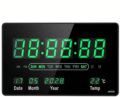 Starlet24 Kompakte LED Wanduhr mit Wecker Schlummer Kalender Temperatur große LED-Anzeige 32x20cm (JH3222) Grün