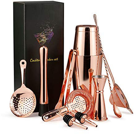 AIZYR Ensemble De Fabrication De Cocktails 11 PCS, Ensemble De Shaker À Cocktail dans Une Boîte Cadeau avec Accessoires Y Compris Shaker, Jigger Et Tamis pour Bars Boissons Mixtes,Rose Gold