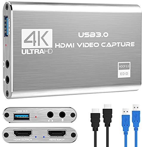 Rybozen Tarjeta de Captura de Video y Audio 4K, Dispositivo HDMI USB 3.0, Full HD 1080P para grabación de Juegos, transmisión en Vivo, Plateado