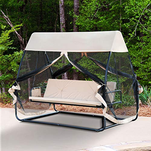 Outsunny Balancín de Jardín de 3 Plazas Convertible en Cama Columpio Jardín Exterior con Mosquitera Estructura de Metal Carga 300 kg 240x140x197 cm Beige