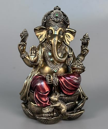 JORAE Statue de Ganesh, Bouddha, éléphant Assis sur Un Lotus, Seigneur bénissant la Maison, décoration hindoue, Dieu, Figurine de méditation de Collection en Bronze Antique, 18 cm, polyrésine