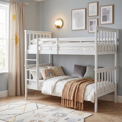 Panana Bunk Bed Frame Double Single Bed, Wooden Twin Sleeper Bed with Ladder for Children, Kids, White, for Kids