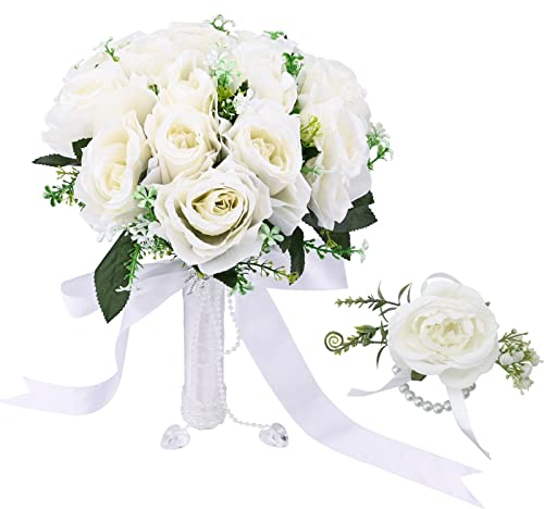 Gukasxi Bridal Bouquet Artificial Rose and Wrist Flower - Wedding Bouquet for Bride and Bridesmaid, Romantic Artificial Flowers for Valentine's Day, Confession Party, Church