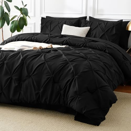 CozyLux Queen Comforter Set Black, 7 Pieces Pintuck Bed in A Bag, All Seaon Comforter Queen Size, Bed Set Gift for Family, Pinch Pleat Bedding Sets with Comforter, Sheets, Pillowcases & Shams