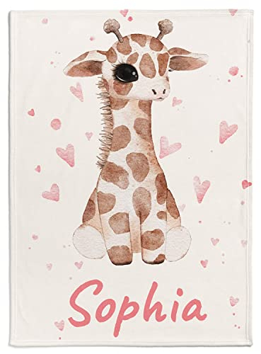 Coperta personalizzabile per bambini, con giraffa e piccoli cuori, motivo colorato, da 80 x 110 cm