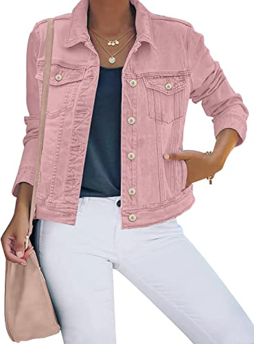 Roskiky - Giacca da donna in jeans elasticizzato, a maniche lunghe, con tasca, Colore: rosa., M