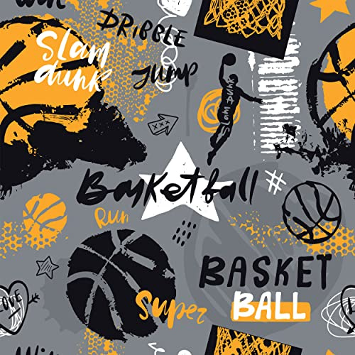 decomonkey Fototapete selbstklebend Kinder Kinderzimmer Tapetenrolle 10 m Tapete Vliestapete Deko Panel Modern Design Wanddeko Wandtapete | Schwarz Basketball Jugend Orange Grau