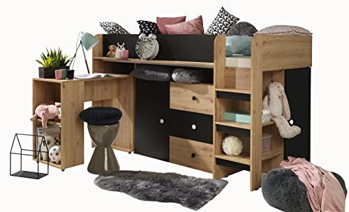 MEBLE KRYSPOL SMART 1 Hochbett für Kinder, Jugendliche mit Stauraum - Etagenbett mit Schreibtisch, Kleiderschrank, Regalen, Treppe - 203,3x106,6x125 cm - Eiche Handwerker, Schwarz mat, Weiß + Schwarz