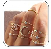 HUASAI Goldfarbene stapelbare Ringe für Damen, läuft nicht an, niedliche Ringe für Teenager, trendige Sachen, Boho, Mond, Stern, Schmetterling, Ringe, stapelbar, Knöchel, Fingerringe, Set, (A)