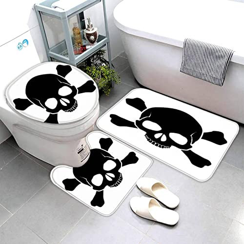AOLIGL Badezimmermatte Set Schädel Weiß 3D Drucken Schwarzer Schädel Teppich Badezimmer Badgarnitur 3teilig Mikrofaser Bath mat U-förmigen Contour Matte- WC Vorleger 40 x60