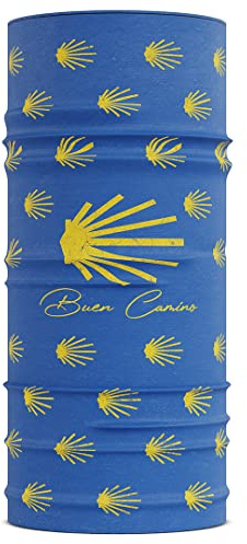 Buen Camino Multifunktionell Tubsjal – blå/gul, ultralätt, sömlös bandana för Camino de Santiago, snabbtorkande, andningsbar