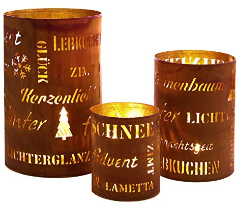 Spetebo Metall Weihnachts Windlicht 3er Set 20/15 / 10 cm - Sprüche - Deko Tischlaterne in Rost Optik - Tisch Kerzen Laterne Halter mit Lichtspiel Weihnachten Advent Stimmungslicht
