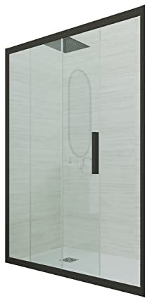 Puerta de ducha deslizante en nicho 150 CM de PVC Negro Mate H 200 Vidrio Transparente mod. Deco