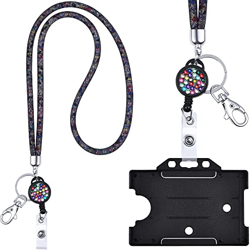 Lanyard Kristall Schlüsselband rund Schwarz/BUNT Ausweisjojo Komplettset Kartenhalter mit Schlüsseljojo Schlüsselanhänger für Event & Office langes Umhängeband keychain