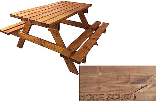 TOTAL WOOD 2012, Mesa de Picnic con Dos Bancos, Modelo Classico con Tablero de una Sola Pieza, de Madera Maciza, Conjunto de Camping Tablero + Asientos, Made in Italy (200x160x80, Nogal Oscuro)
