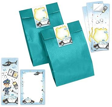 Minkocards 6 Lesezeichen + 6 Notizblöcke + 6 Geschenktüten (Petrol) + 6 Aufkleber Polizei Detektiv Mitgebselset Gastgeschenke für Kindergeburtstag Jungsgeburtstag