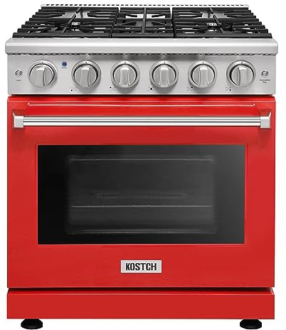 KOSTCH 30 inch Professional Freestanding Pro-Style Natural Gas Range or Liquid Propane Gas Range with 5 Burners, 4.55 cu.ft. Oven Capacity, in Stainless Steel - KOS-30RG03M (Red)
