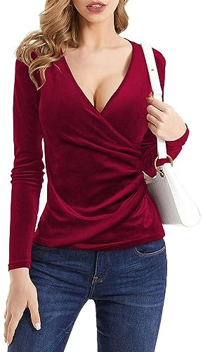 SEMATOMALA Women's Cross Wrap V Neck Long Sleeve Slim Fitted Velvet Shirt Ruched Deep V Neck Elegant Velvet Blouse Top, Wine Red, L