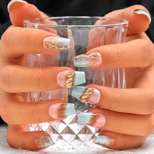 Sethexy Short Coffin Handmade False Nails - Gradient, French Tip, Rhinestone, Gold Glitter Press on Nails Women Salon Stick on Nails 10PCS