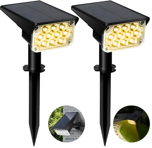 OZAVO Solar Strahler Außen Solarlampen für Garten Solarleuchte 2 Helligkeitsmodi Solarstrahler 2 Montage LED Gartenleuchte 3000K Warmweiß (2 stk.)
