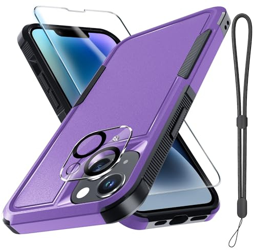 RMOCR for iPhone 14 Case with Screen Protector and Camera Lens Cover,Military Grade Heavy Duty Shockproof Phone Cover with Wrist Lanyard Strap for iPhone 14 6.1 inch,Lavender