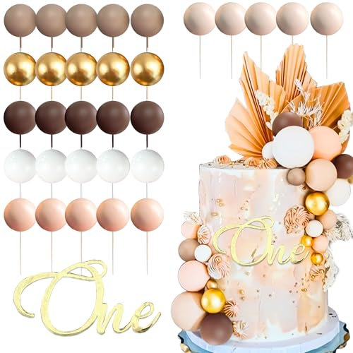 Boho First Birthday Cake Toppers Golden White Balls One Cake Topper for Boho First Birthday Party Decoration Supplies