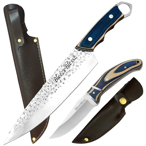 Kochmesser Hackmesser Küchenmesser-Set Edelstahlgriff (Silber) Blau, Jagdmesser-Set (mit Holster) Fleischermesser Serbisches Metzger-Küchenmesser