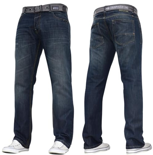 Crosshatch Mens Stretch Straight Leg Jeans Trousers Free Belt Stylish Fashion Branded Denim By JEANBASE Dark Wash 34W X 32L