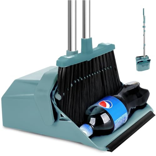 Tiumso Upgrade Broom and Dustpan Set, Broom with Dustpan Combo Sets, Large Brooms and Dust Pan with Handle, Self-Cleaning Dust Pans, Heavy Duty Broom and Dustpans Set for Lobby Kitchen Office - Green