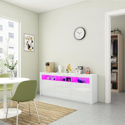 Buffet moderne blanc brillant avec lumières LED 2 portes 3 tiroirs Meuble de rangement C 160 x 35 x 72 cm (blanc)