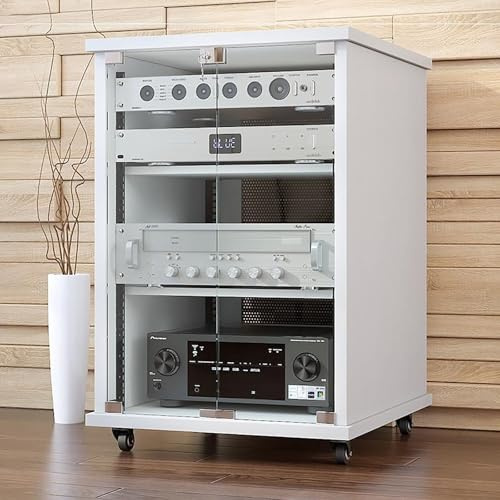 Rack Audio Mobile Con Ruote Universali, Mobiletto Rack Per Stereo, Mobile Per Stereo Hifi Chiuso, Mobile Hifi Legno, Mobile Hifi Con Ruote Adatto Per Lettori DVD/Console Di Gioco/Accessori TV(White,H8