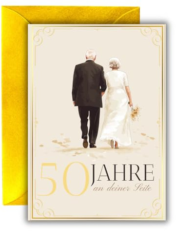 WBdesignz Grußkarte zur goldenen Hochzeit mit goldenem Umschlag - Gedicht zur Goldhochzeit - Ehe Hochzeit - 50 Jahre Jubiläumskarte Hochzeitsjubiläum für Ehefrau, Ehemann (DIN A6)