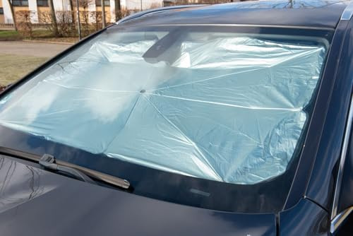 cartrend Auto-Sonnenschirm, Sonnenschutz zur Anbringung an der Innenseite der Frontscheibe, blockt Sonneneinstrahlung, einfacher Aufspannmechanismus, inkl. Kunstledertasche, 135/120 x 71 cm