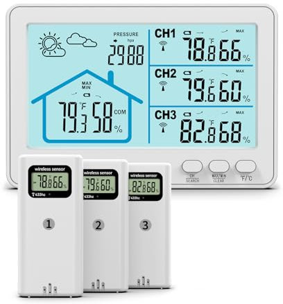 Chatthen Station Meteo Avec 3 Capteurs, Station Meteo Interieur Exterieur Sans fil, Thermomètre Hygromètre Baromètre Intérieur Extérieur Avec Date Heure, Réveil, Prévision Météorologique