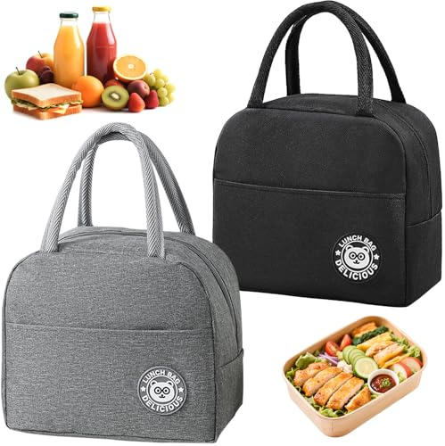 UNIANE 2 Stück Kühltasche Klein für Unterwegs, Lunchtasche 7L, Kühltasche Faltbar mit Folienfutter, Schwarz und Grau thermotasche für essen, Lunchbox Tasche für Schule, Picknick, Reisen, Büroarbeit