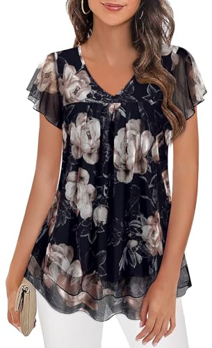 Syphiby Top da donna con scollo a V top da donna a maniche corte con volant camicette a rete fluida tunica top casual maglietta, Caffè nero., L