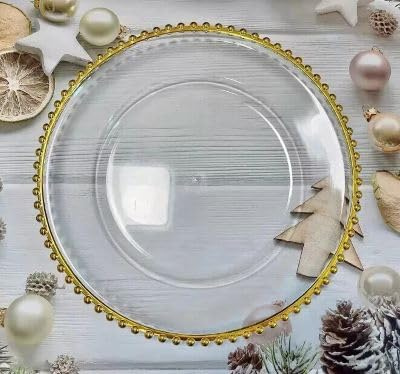 Chefline 13 Clear/Gold Decorative Glass Charger Plates Set of 4, 6, or 12 Elegant Dinner Plate for Weddings, Parties, Christmas & Events, Durable & Stylish, Sold (12, Clear Plate with Gold Beads)
