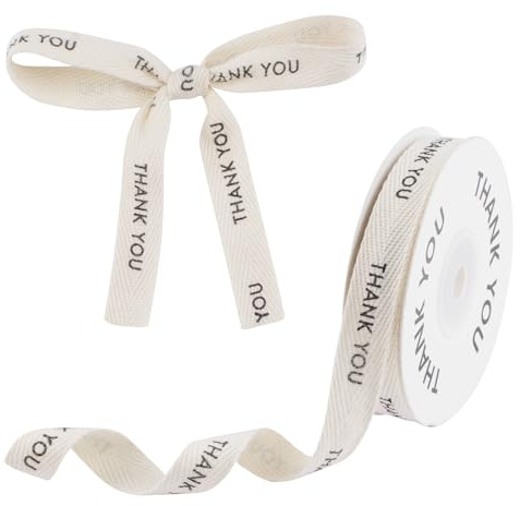 HICOHAND Baumwollband mit Aufschrift Thank You, 20 Meter, beige, Baumwoll-Gurtband für Geschenkverpackungen, Blumensträuße, Heimhandwerk, Dekoration, Erntedankfest, Geburtstag, Geschenkverpackung, 2