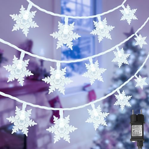 Gcstnn Lichterkette Außen Schneeflocke, 15M 100er LED Kaltweiß Schneeflocke Lichterkette Stecker mit Timer 8 Modi Wasserdicht Lichterkette für Weihnachtsbeleuchtung, Party, Garten, Weihnachten Deko