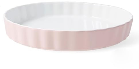 TAMUME Deep Pie Dish Porcelain Baking Mould Plate and Pizza Pan, Round Ceramic Pie Pan and Fluted Cake Baking Tray (25cm Pink)