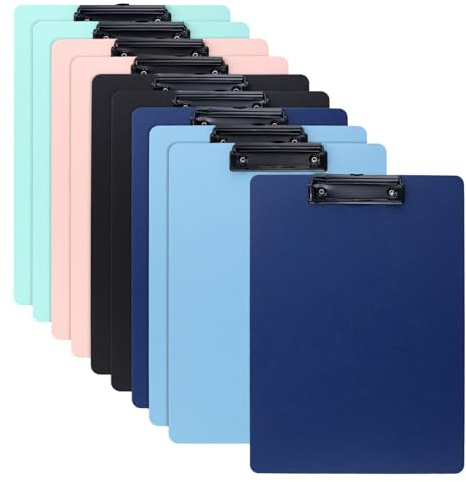 NAMYEUT 10 Pack Colored A4 Plastic Clipboards, 12.2x8.7 Inch Writing Boards with Metal Hanging Clips, Hardboard for Office File Paper Organization (5 Assorted Colour)