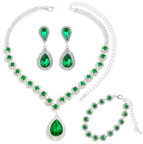 LjFrexia Set di Gioielli da Sposa per Donna, 3 Pezzi Set Gioielli Strass, Collana Orecchini Bracciale Brillante, con Pendente a Goccia Verde Smeraldo, Set Gioielli Matrimonio, per Cerimonia e Serata