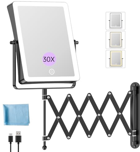 Famihomii 5000mAh Wiederaufladbar Kosmetikspiegel mit LED Beleuchtetung | 8,7 Zoll beidseitig 1X/30X Vergrößerung kosmetikspiegel wandmontage,3 Farbtemperaturen, Dimmbarer,360° Schwenkbar (Schwarz)
