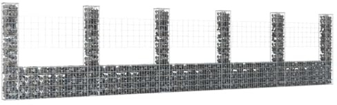 Garden Fence Screening, U-Shape Gabion Basket with 6 Posts Iron 620x20x150 cm， Free Standing Fence for Yard, Patio, and Flower Bed
