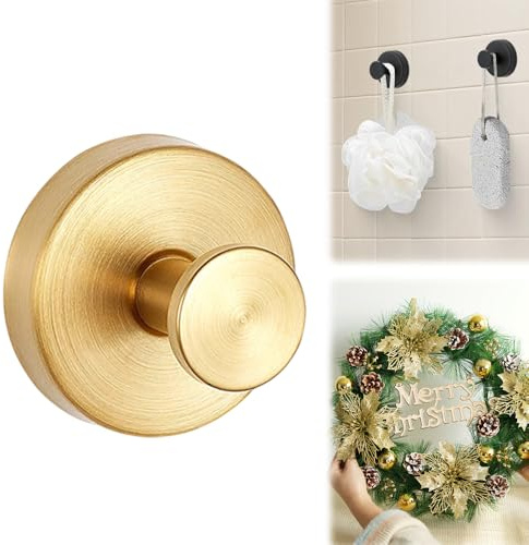 LECDOA Suction Cup Hooks for Wreaths, 2025 New Model Wreath Hangers for Front Doors, No-Drill Suction Cup Hooks, Metal Towel Hooks for Showers Bathrooms Mirrors (1, Gold)