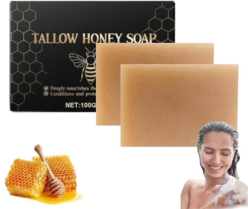 Organic Beef Tallow Soap Bar with Raw Honey, Beef Tallow Skin Care, Nature Multi Use Tallow Bar for Dark Spots, Deep Cleaning, Hydrating and Nourishing, Tallow Soap for Face and Body (2)