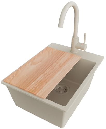 PRIMAGRAN Granitspüle ab 40er Unterschrank + Küchenarmatur, 38x50cm | Set: Küchenarmatur BW5010 + Ablauf-Set + Schneidebrett + Spülbecken 1 Becken - Riga, Alles Beige