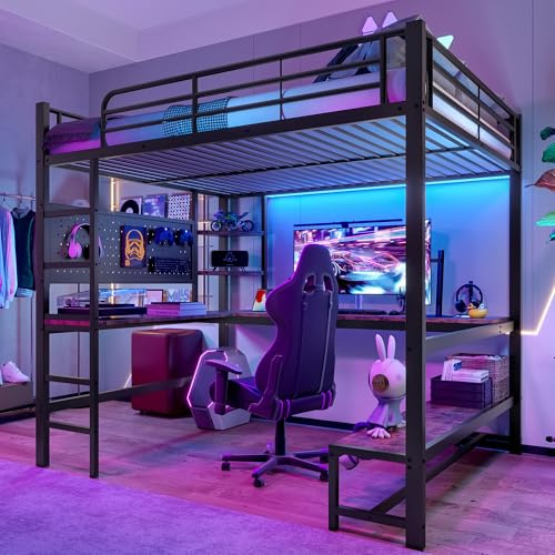 ZIDEY Hochbett Metall 140x200 mit LED & Steckdose & Schreibtisch, Metallbett Etagenbett mit Ablagen & Lochbrett, Stockbett, Bettgestell Spielbett, ohne Matratze, schwarz