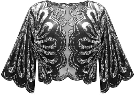 Generisch bolero da donna, per feste, da donna, con paillettes, bolero corto, per abito da patry, abito da sposa, giacca a spalla, elegante abito da sera, argento, Taglia unica